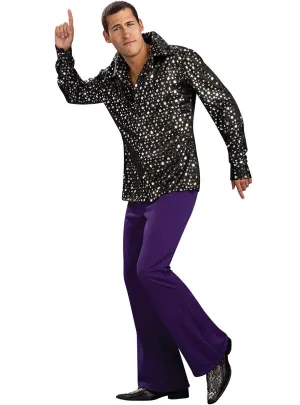 70s Disco Mens Black Star Print Costume Shirt
