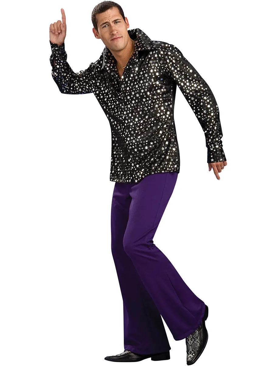 70s Disco Mens Black Star Print Costume Shirt