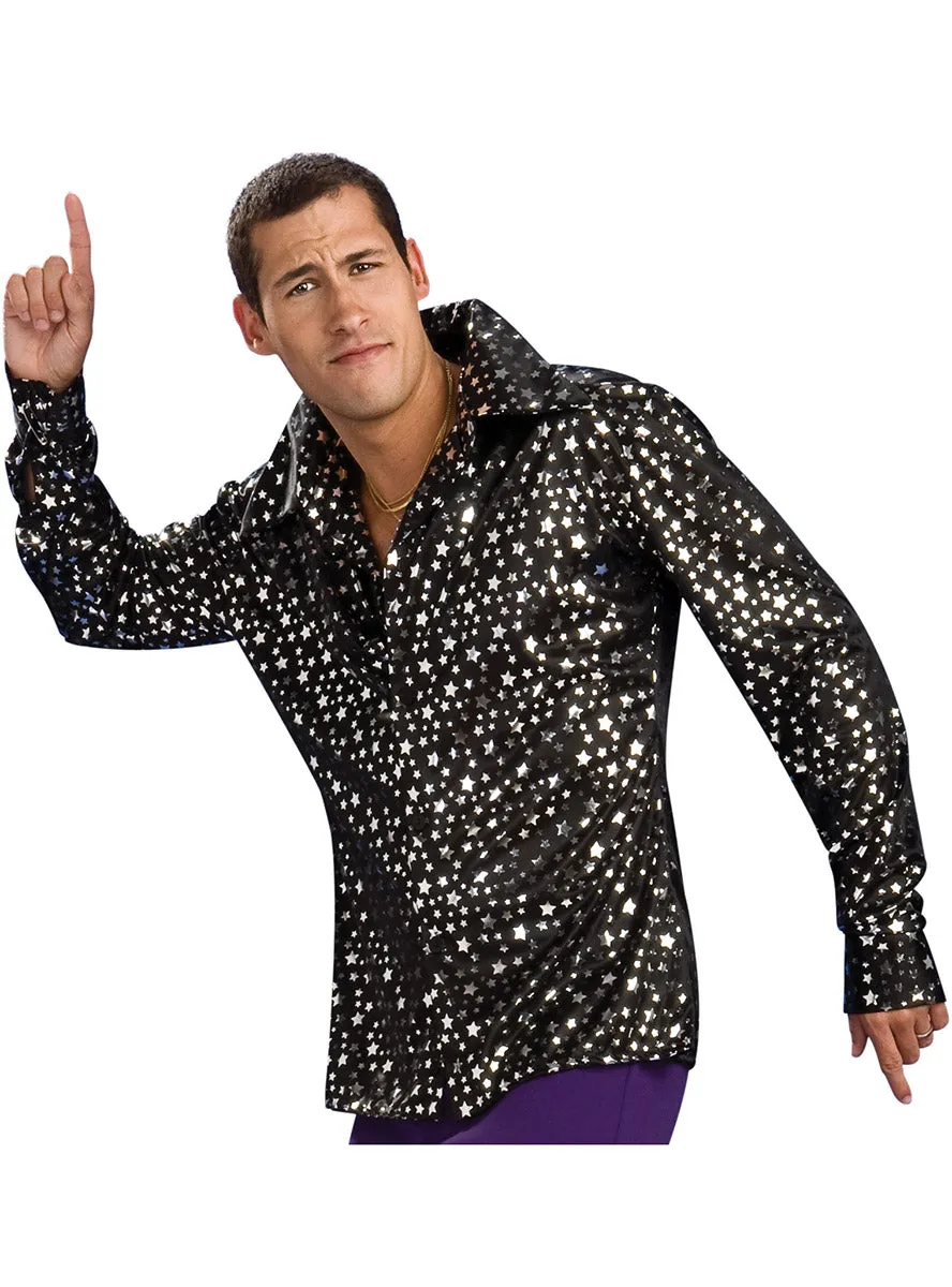 70s Disco Mens Black Star Print Costume Shirt
