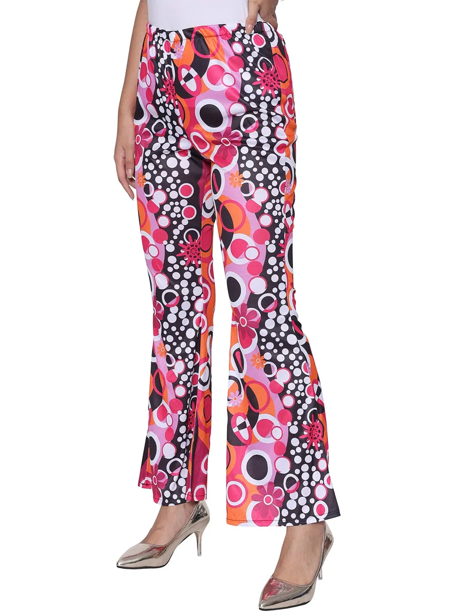 70s Disco Print Womens Pink Flared Costume Pants
