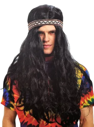 70s Hippie Man Long Black Costume Wig with Headband