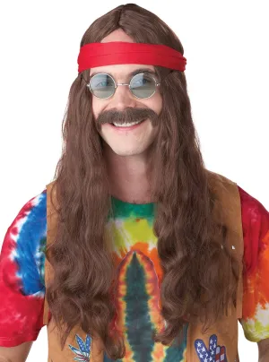 70s Hippie Mens Brown Costume Wig with Moustache