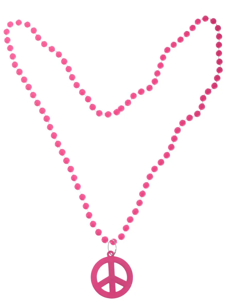 70s Hippie Pink Beaded Peace Sign Costume Necklace