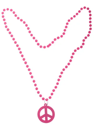 70s Hippie Pink Beaded Peace Sign Costume Necklace