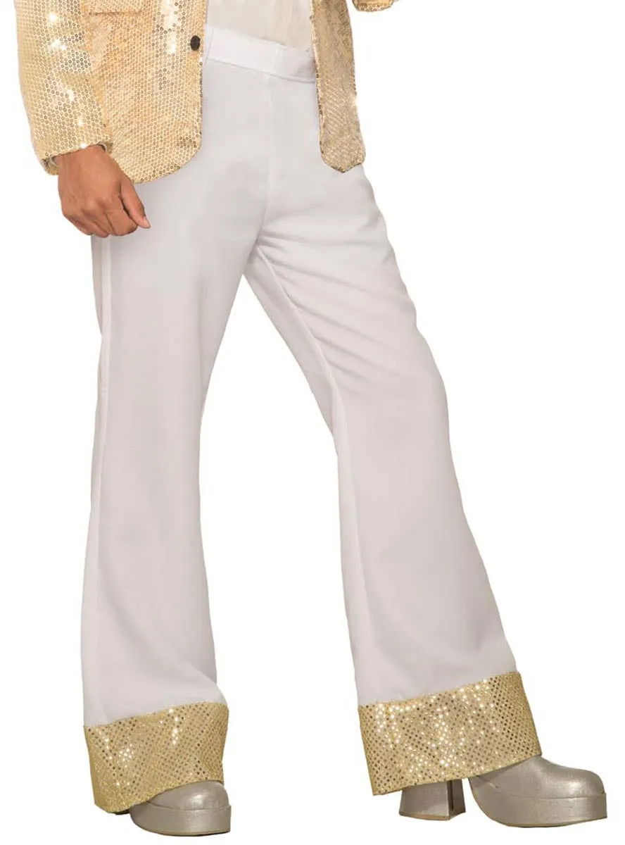 70s Mens White Disco Pants with Gold Sequin Trim