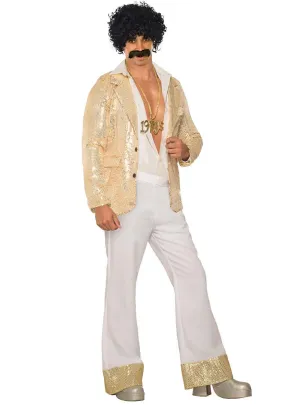 70s Mens White Disco Pants with Gold Sequin Trim