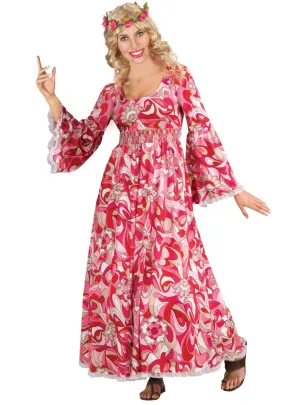 70s Pink Flower Power Womens Hippie Costume