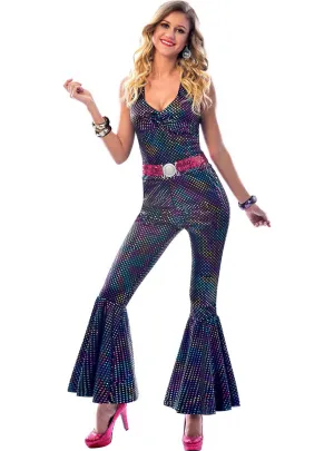 70s Rainbow Disco Diva Womens Jumpsuit Costume