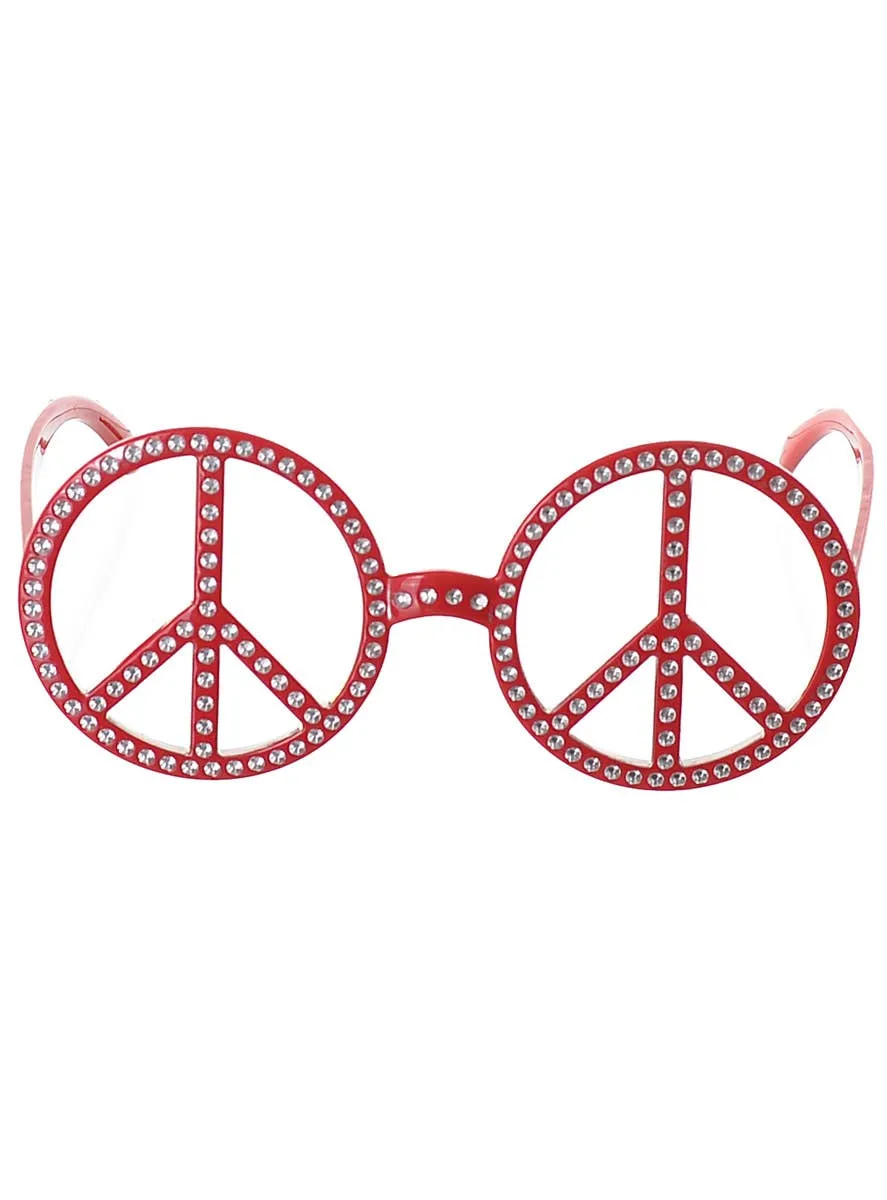 70s Red Faux Rhinestone Peace Sign Costume Glasses