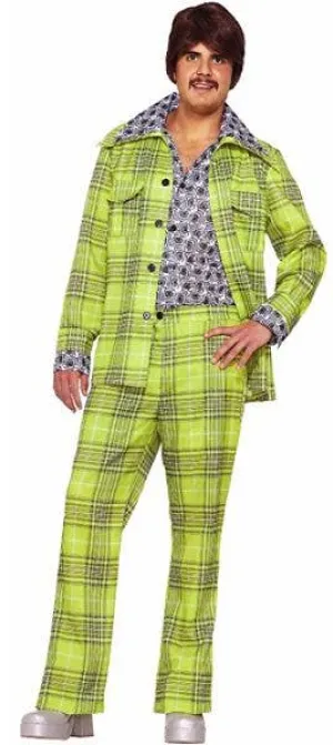 70s Retro Mens Green Plaid Leisure Suit Costume