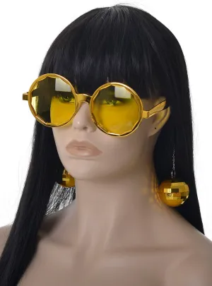 70s Round Gold Costume Glasses with Disco Balls