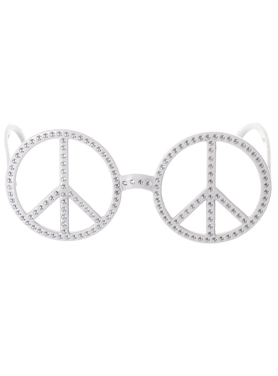 70s White Faux Rhinestone Peace Sign Costume Glasses