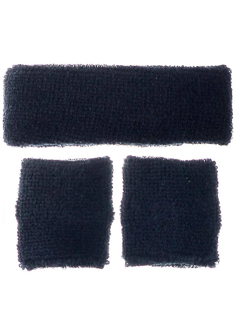 80s Black 3 Piece Tennis Sweatbands Accessory Set