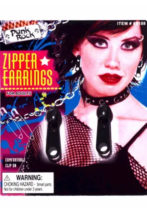 80s Clip On Black Zipper Costume Earrings