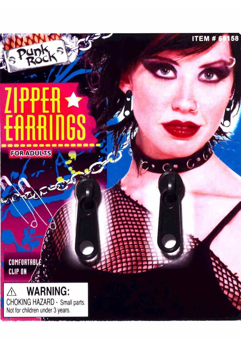 80s Clip On Black Zipper Costume Earrings