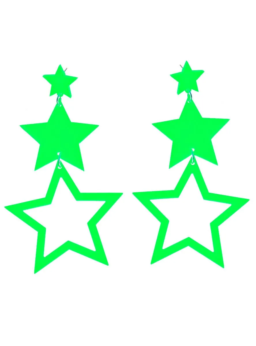 80s Neon Green Dangling Star Costume Earrings