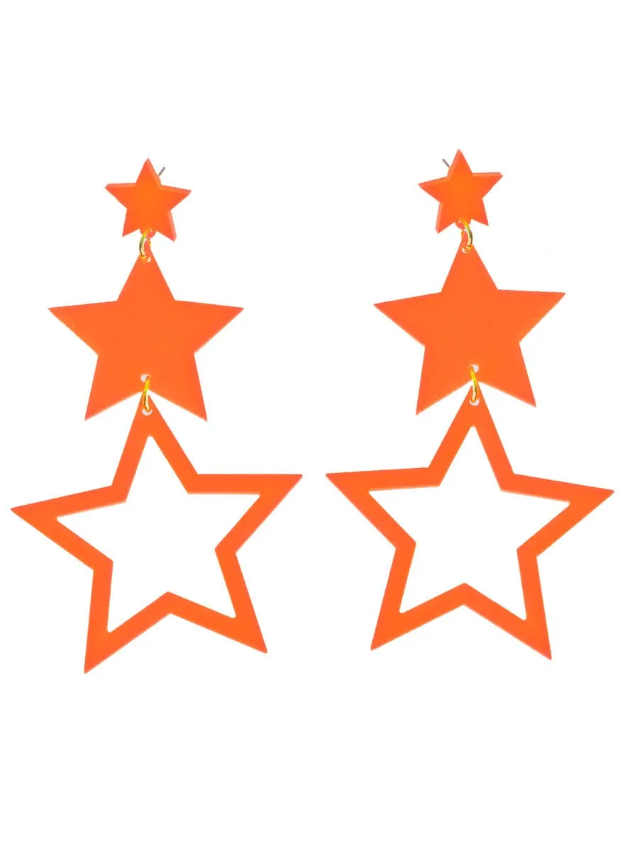 80s Neon Orange Dangling Star Costume Earrings
