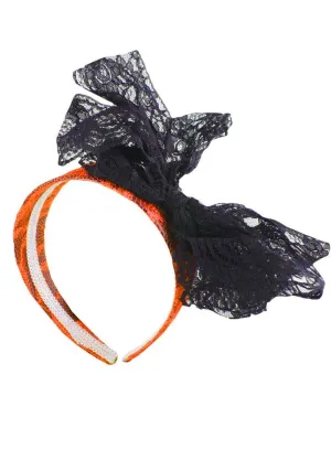 80s Neon Orange Lace Headband with Black Bow