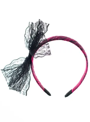 80s Neon Pink And Black Lace Costume Headband With Bow