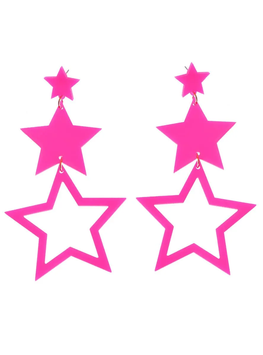 80s Neon Pink Dangling Star Costume Earrings