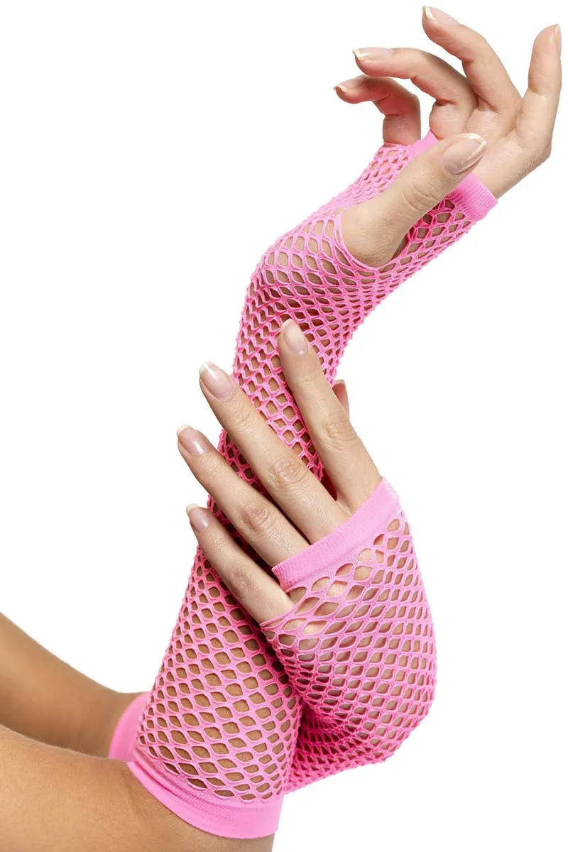 80s Neon Pink Fingerless Fishnet Gloves