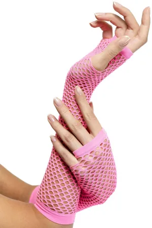 80s Neon Pink Fingerless Fishnet Gloves