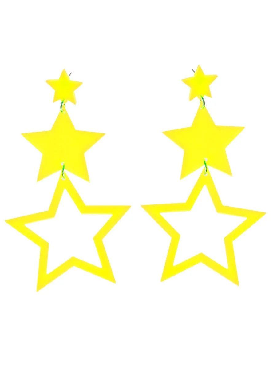 80s Neon Yellow Dangling Star Costume Earrings