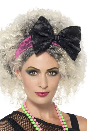 80s Pink and Black Lace Bow Headband Accessory