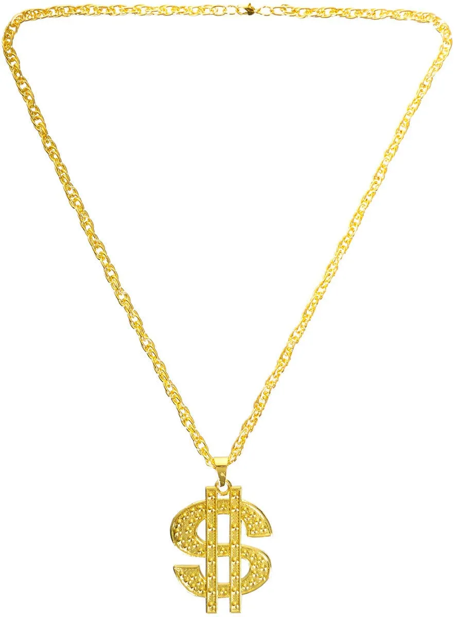90s Gold Bling Dollar Sign Costume Necklace