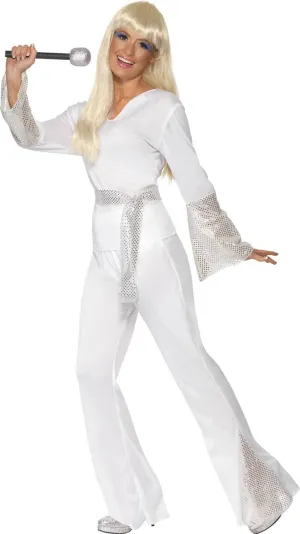 ABBA Womens 1970s White Disco Costume Jumpsuit