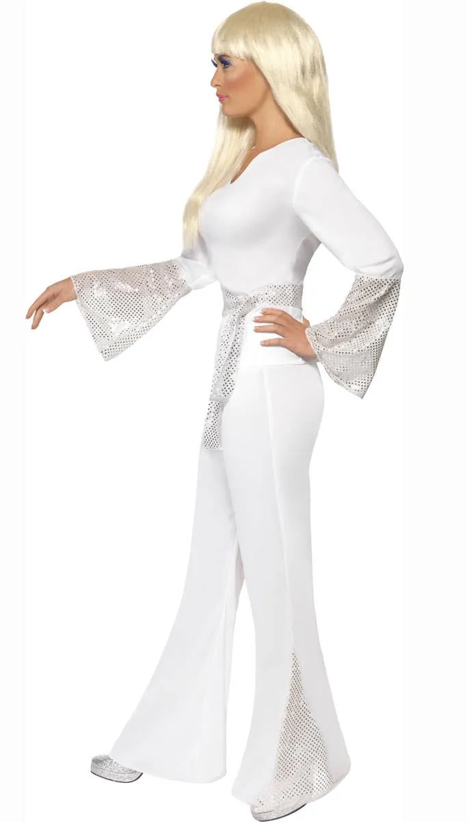 ABBA Womens 1970s White Disco Costume Jumpsuit