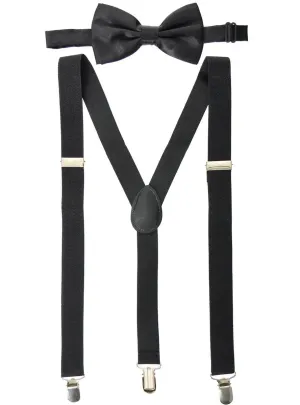 Adjustable Black Suspenders and Satin Bow Tie Set
