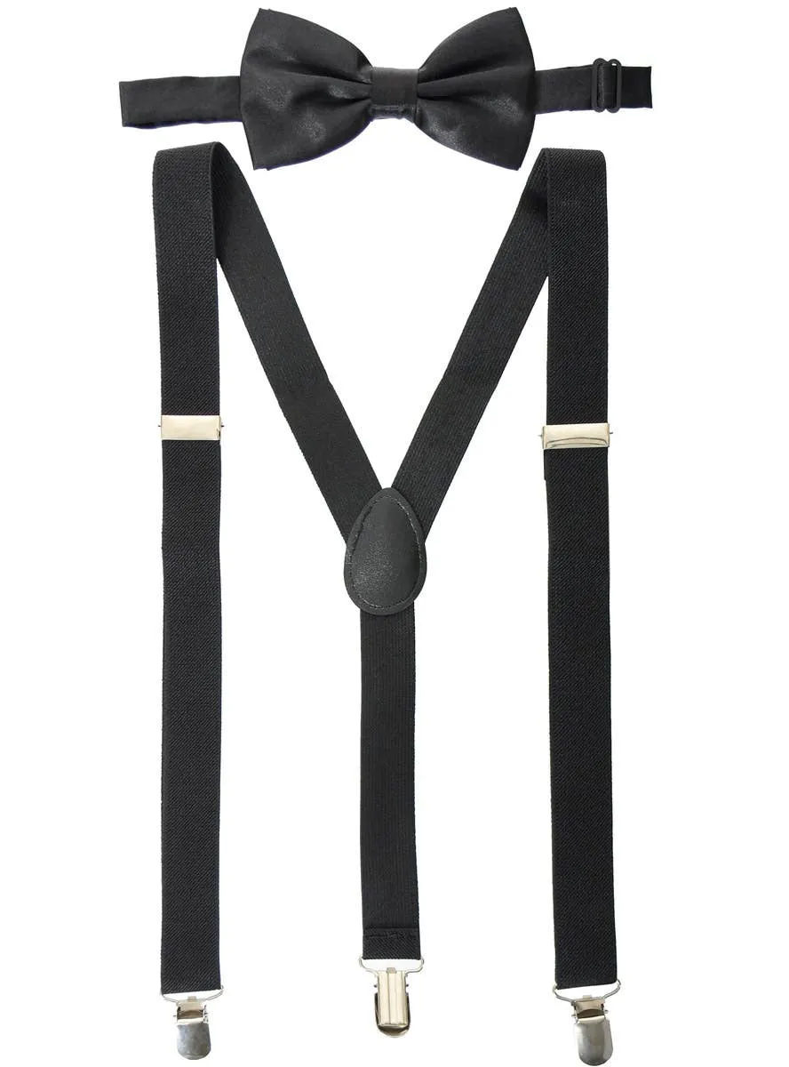 Adjustable Black Suspenders and Satin Bow Tie Set
