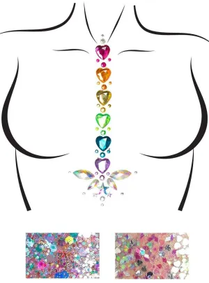 Adore Rainbow Hearts Stick On Chest Jewels and Glitter Pack