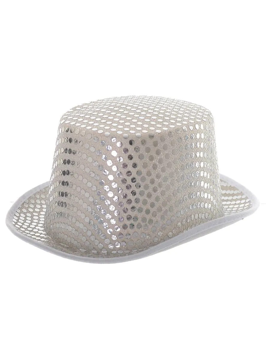 Adults White Sequined Costume Top Hat