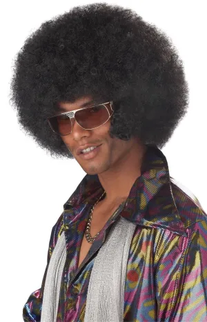 Afro Mens Black Frizzy Costume Wig With Sideburns