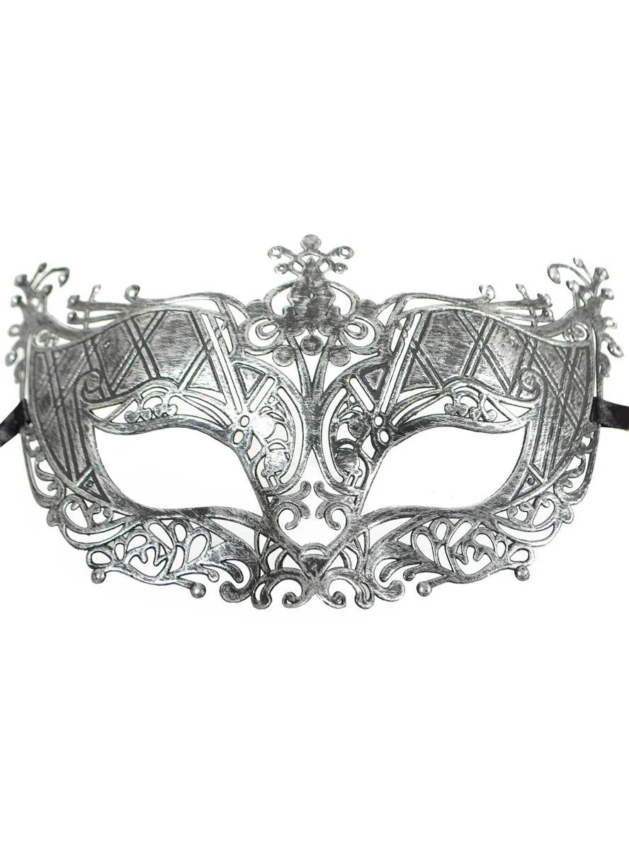 Aged Silver Filigree Masquerade Mask with Ribbon Ties