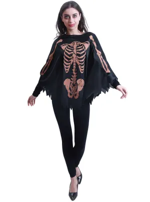 Aged Skeleton Print Womens Halloween Costume Poncho