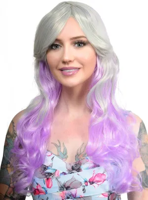 Ainsley Silver and Purple Long Wavy Womens Costume Wig