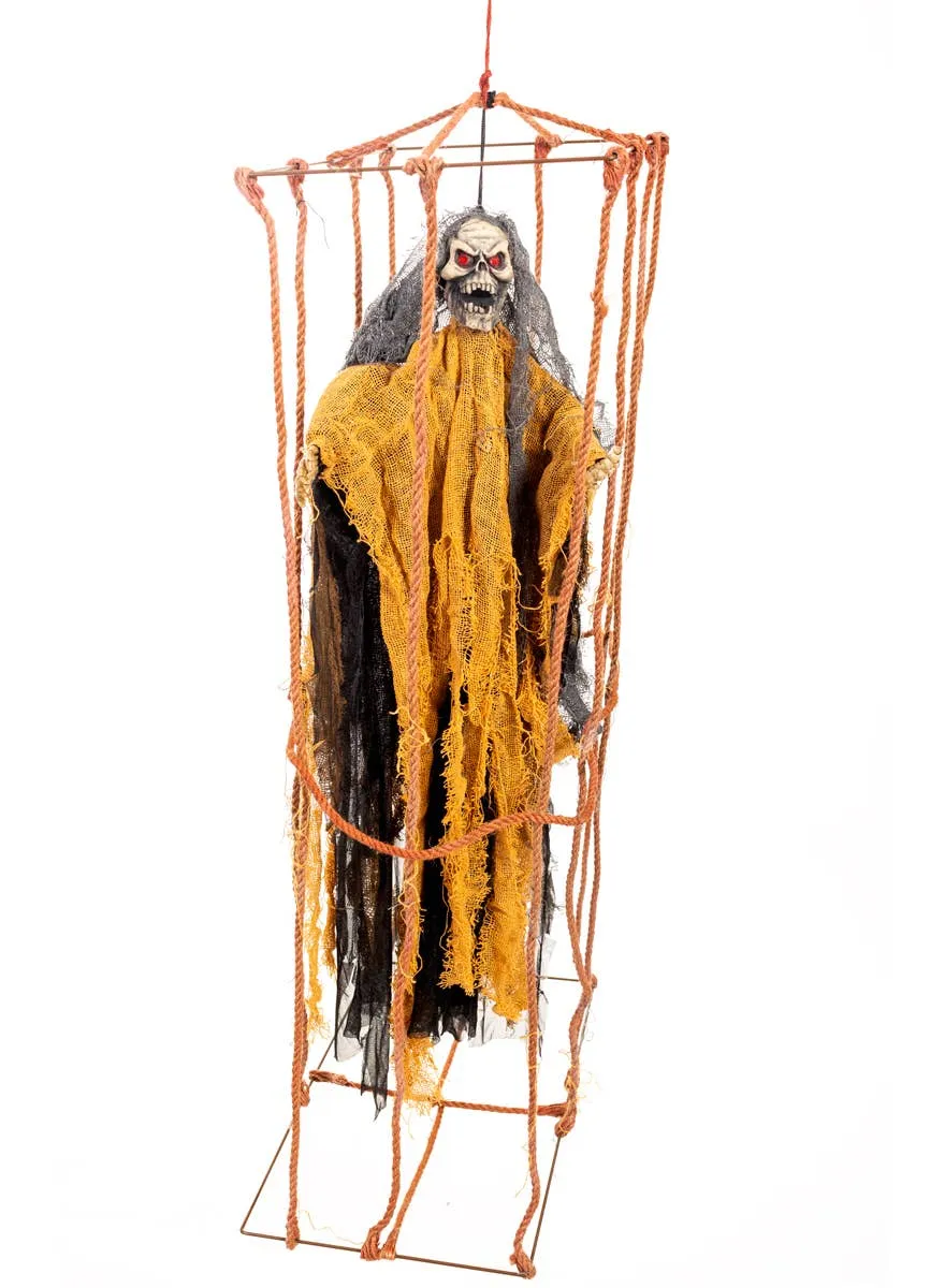Animated Caged Skeleton Halloween Decoration with Lights