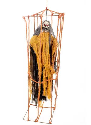 Animated Caged Skeleton Halloween Decoration with Lights