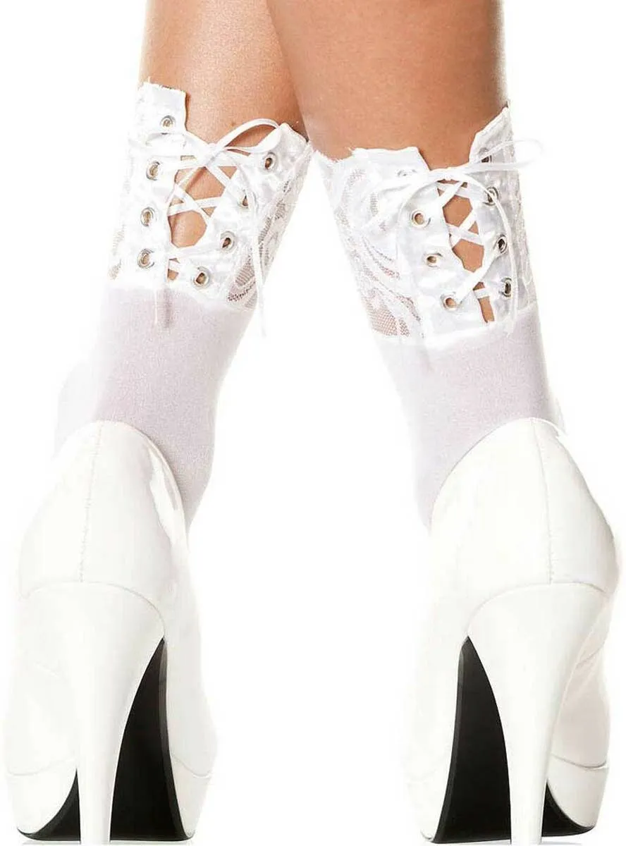 Ankle High White Socks with Lace Up Backs