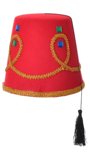 Arabian Red Fez Jewelled Costume Hat With Tassel