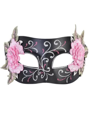 Aria Black Masquerade Mask with Pink Flower Embroidery