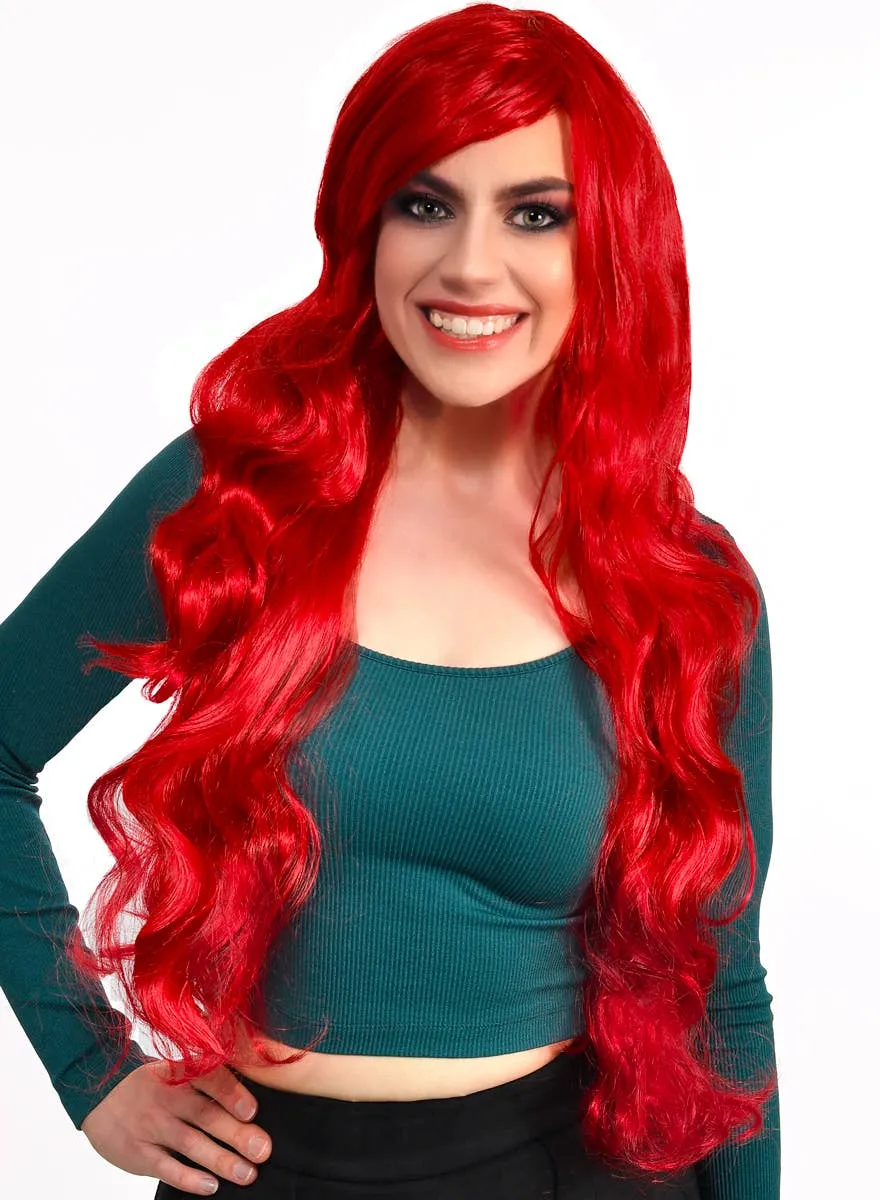 Ariel Extra Long Bright Red Wavy Curls Womens Costume Wig