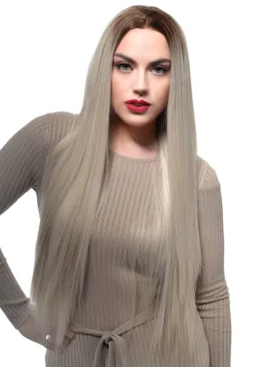 Ash Blonde Rooted Extra Long Straight Lace Front Fashion Wig