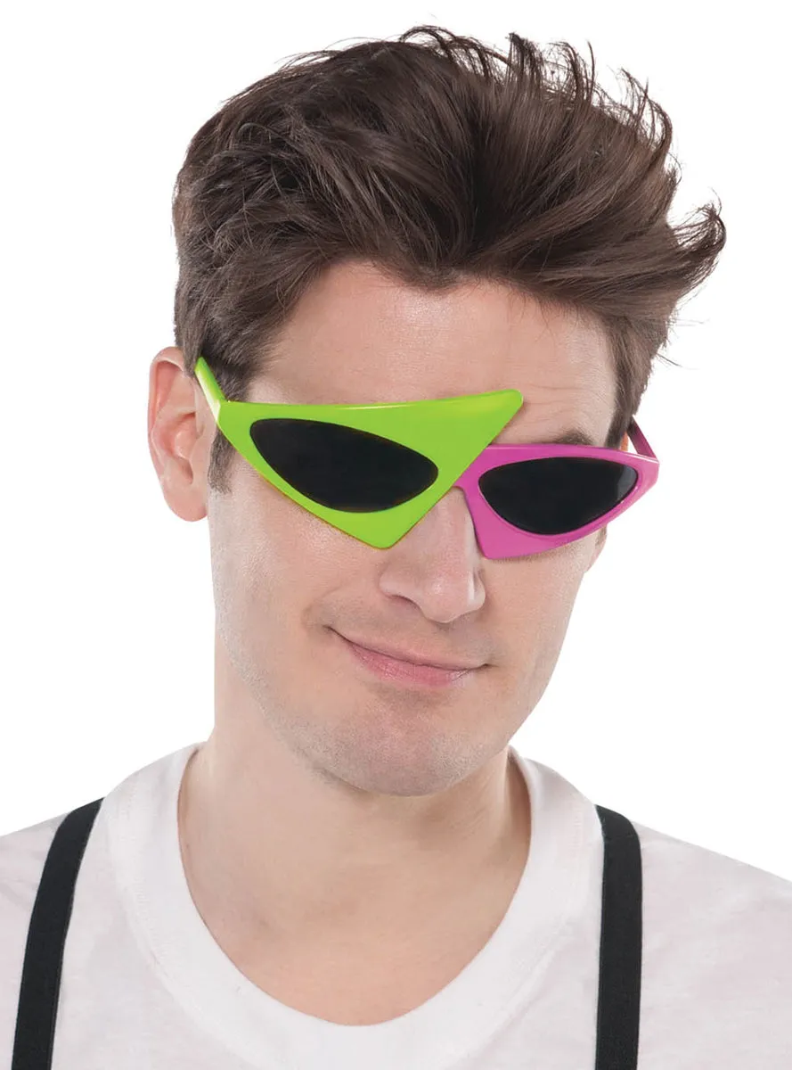 Asymmetrical Colour Blocked Pink and Green 1980s Sunglasses