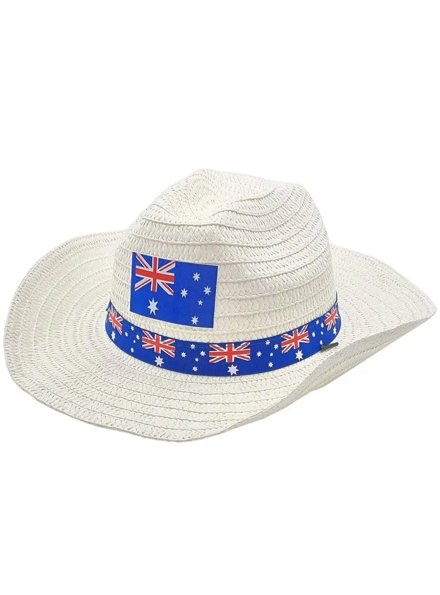 Australian Flags White Straw Look Cowboy Hat
