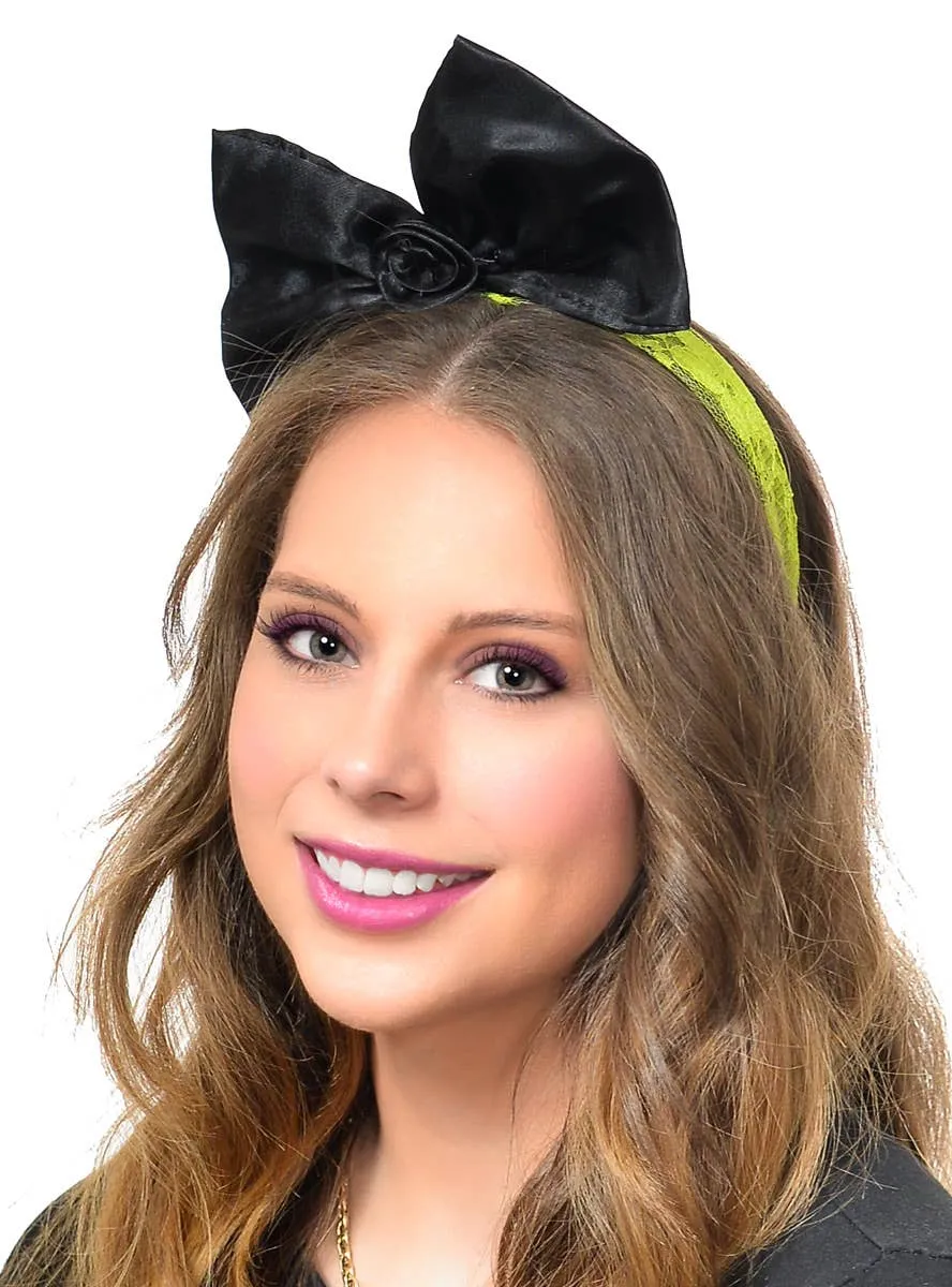 Awesome 80s Neon Green Lace and Black Satin Bow Costume Headband