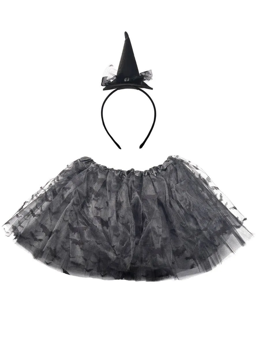 Bat Black Girls Tutu and Mini Witch Hat Halloween Costume Set